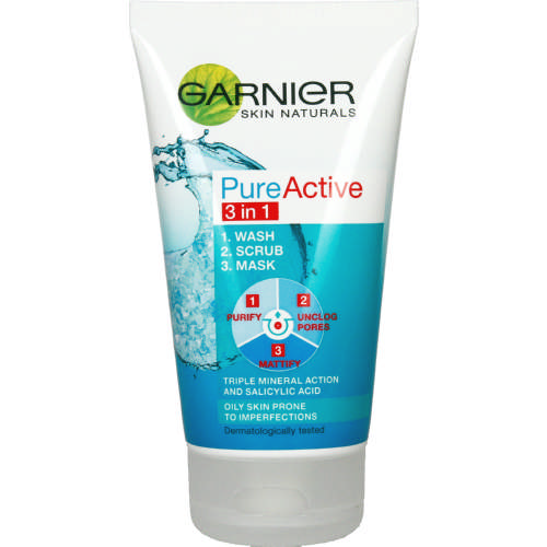 Garnier Pure Active Cleanser 3 In 1 Wash, Scrub, Mask 150Ml