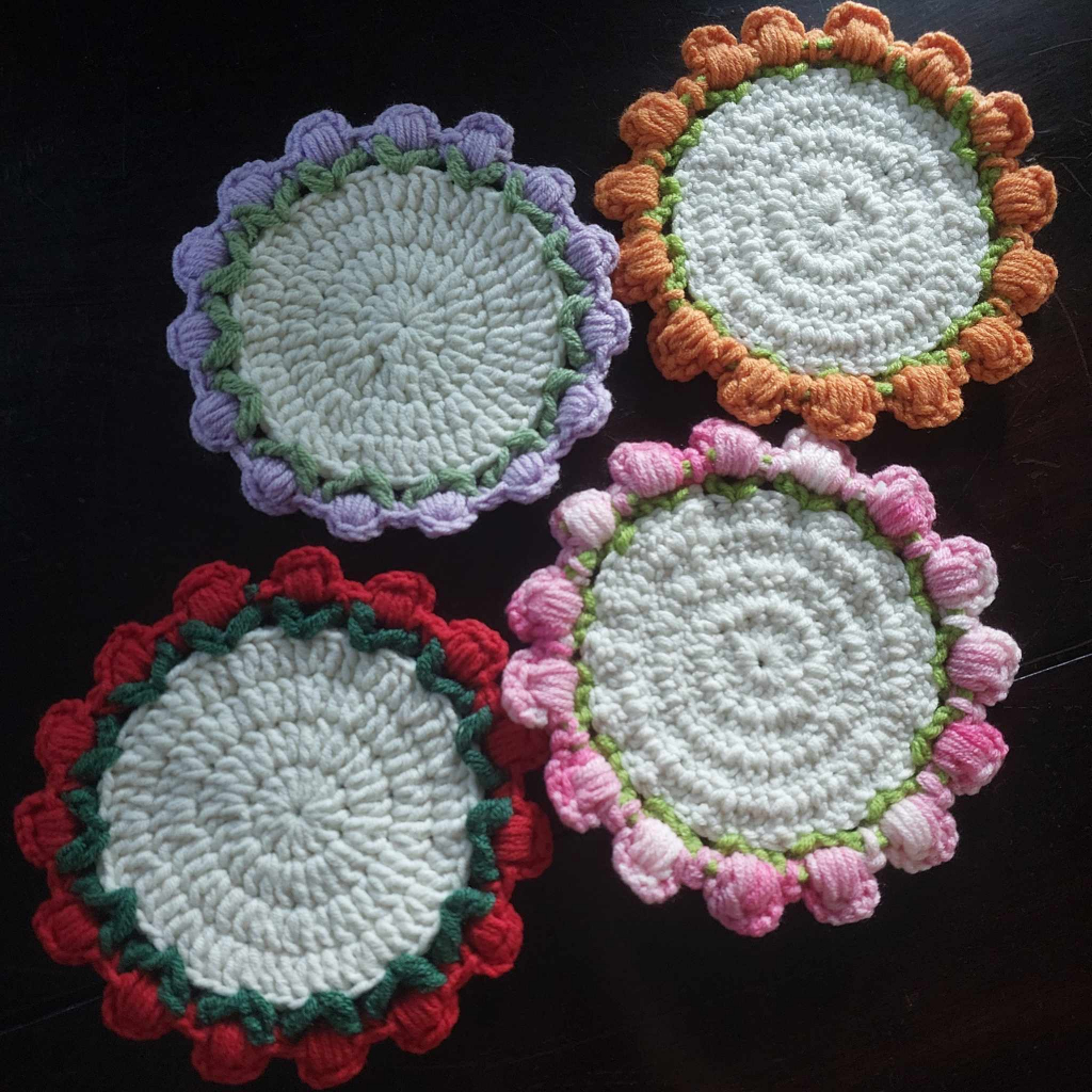 Pressed Tulip Crochet Coaster Pattern for Beginners – Easy Step-by-Step Tutorial (Video + English Subtitles)